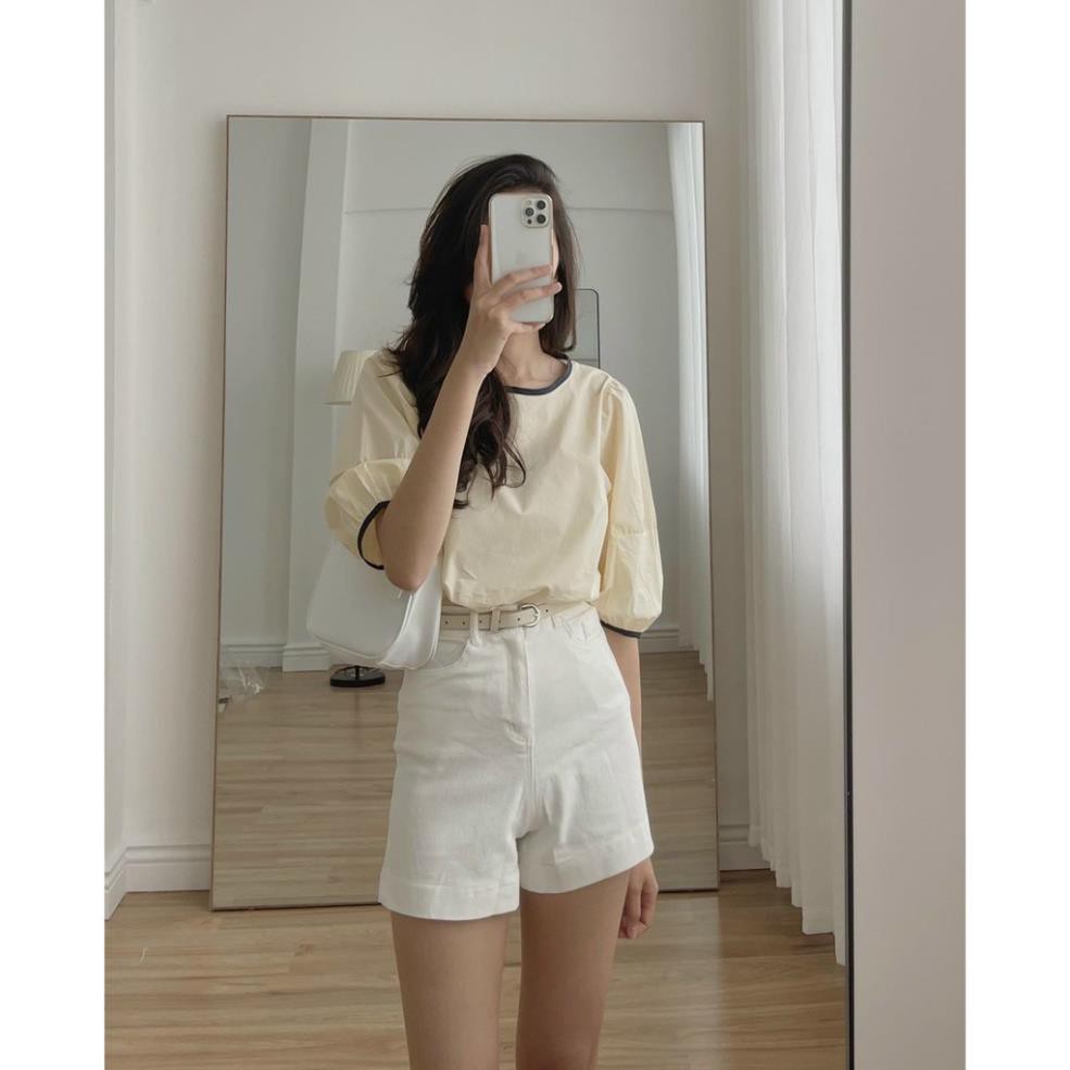 Áo kiểu hàn quốc A.213, áo kiểu nữ tay lỡ bồng cổ tròn viền đen trơn cực xinh | BigBuy360 - bigbuy360.vn