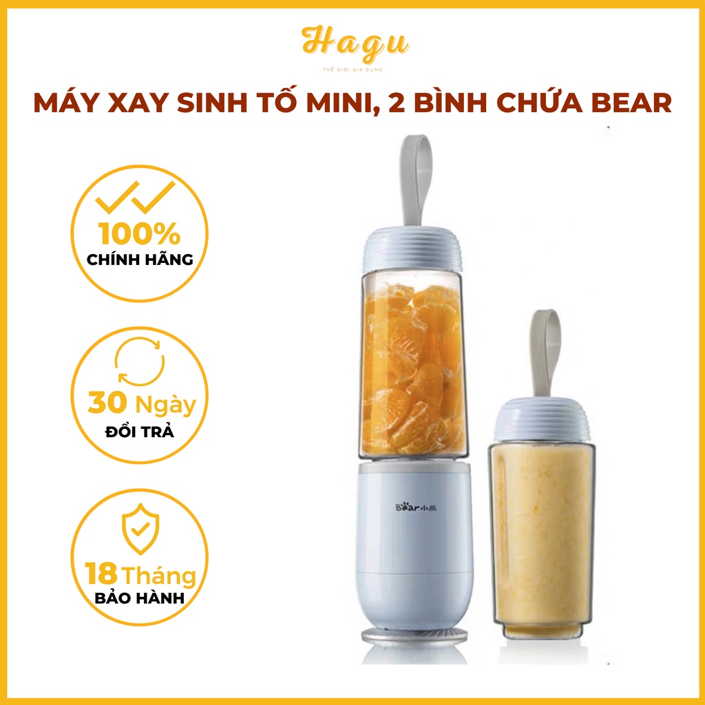 Máy xay sinh tố cầm tay mini đa năng Bear Dung Tích 350ML x 2 Bình, Bảo Hành 18 Tháng. Máy xay mini HAGU.