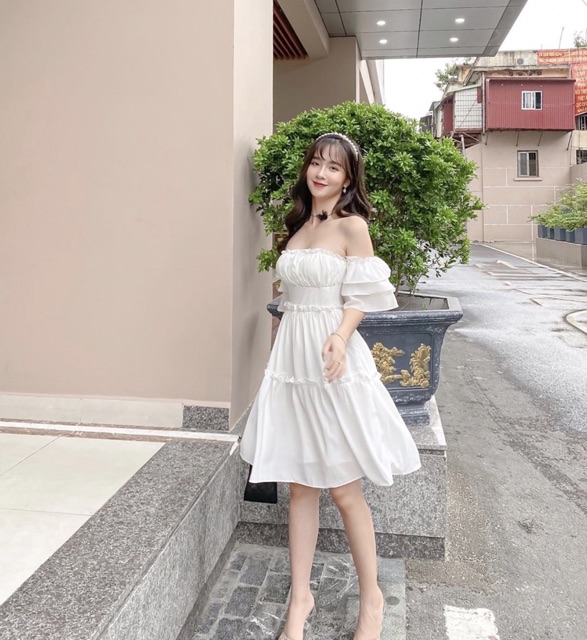 Đầm dự tiệc trễ vai tay bồng 💓FREESHIP💓 mặc sinh nhật, dự tiệc, kỷ yếu