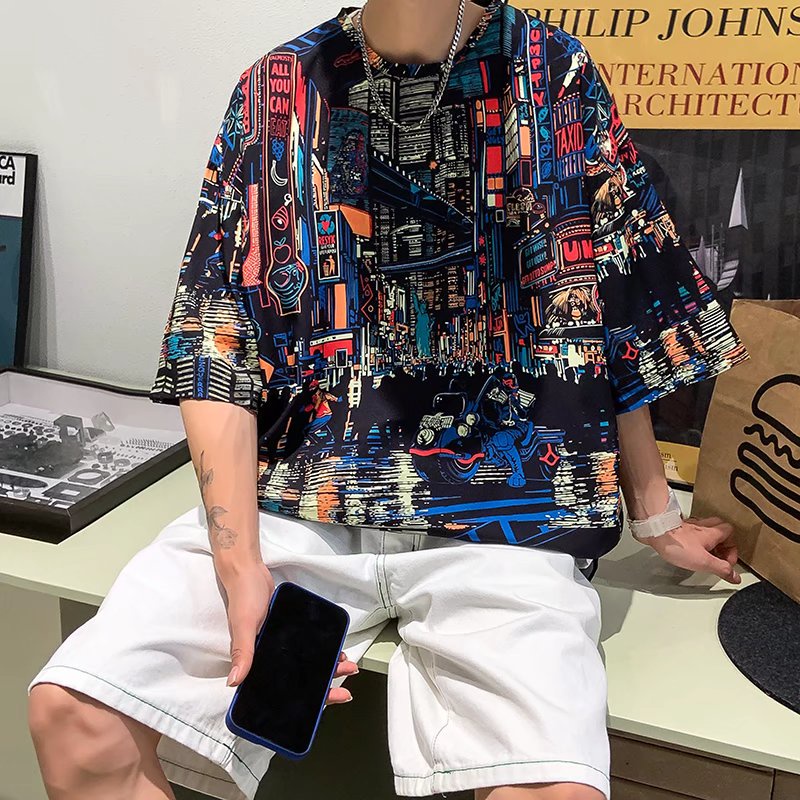 ✦AFFLIGA✦Áo Thun Tay Ngắn Cổ Tròn Dáng Rộng In Họa Tiết Phong Cách Hip hop Thời Trang Mùa Hè Cho Nam Và Nữ