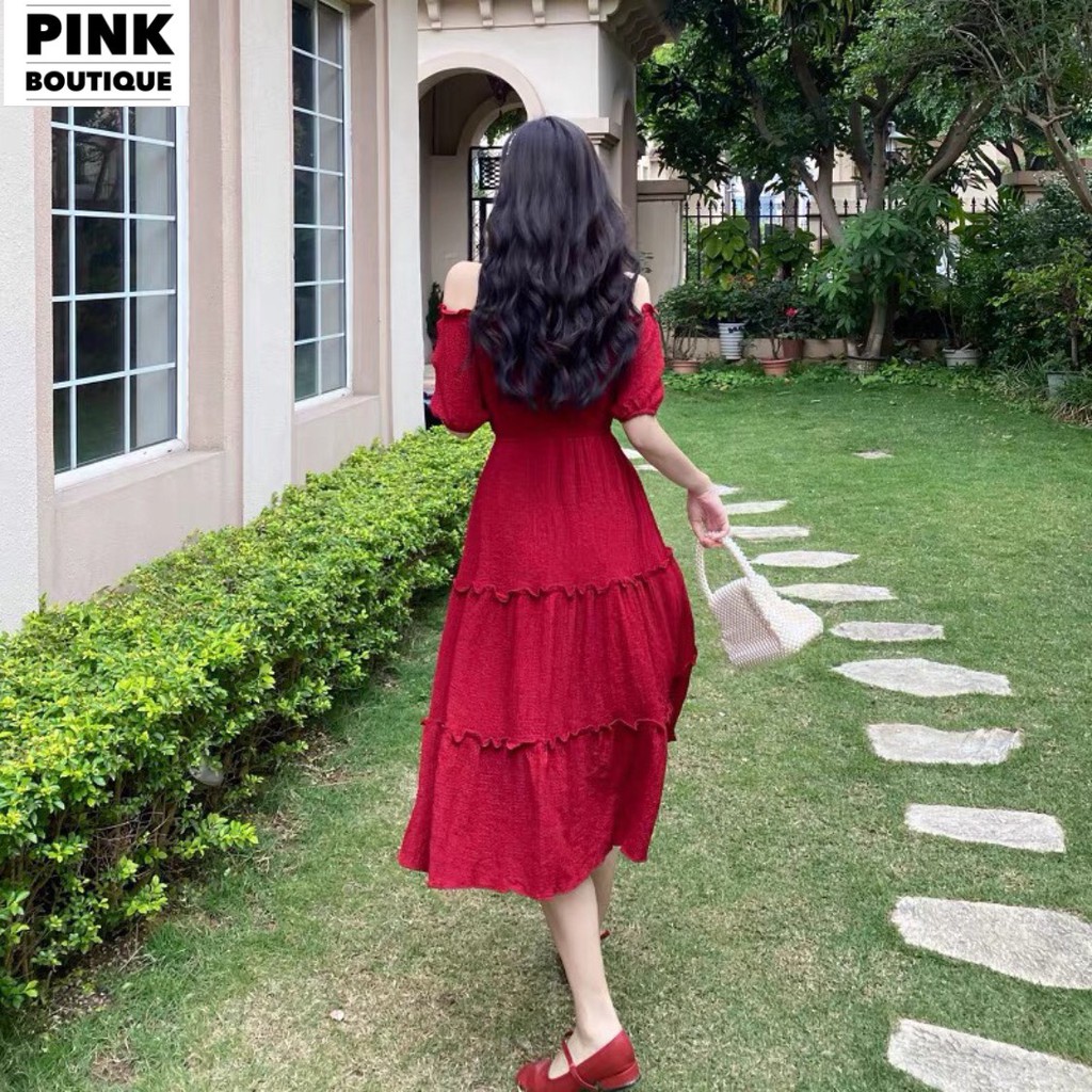 Váy Maxi Trễ Vai Bèo Tầng Xòe Dài Qua Gối Vintage Đi Biển Dự Tiệc  Big Size Đũi Thiết Kế PINKBOTIQUE