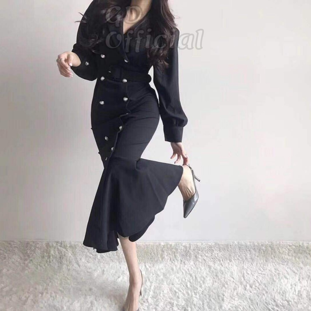 D34|Đầm nữ công sở cổ vest chữ V tay phồng kèm thắt lưng buộc eo dài dáng đuôi cá cổ điển màu xanh, tím, đen GD Official