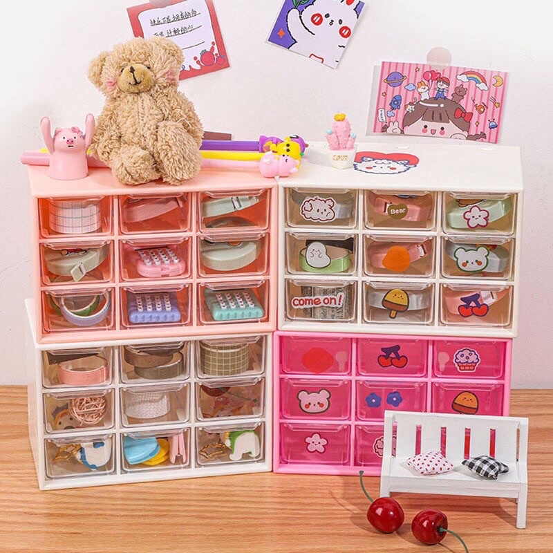 Hộp nhựa đa năng 9 ngăn đựng đồ siêu xinh/kệ 9 ngăn đựng đồ mini tặng kèm sticker