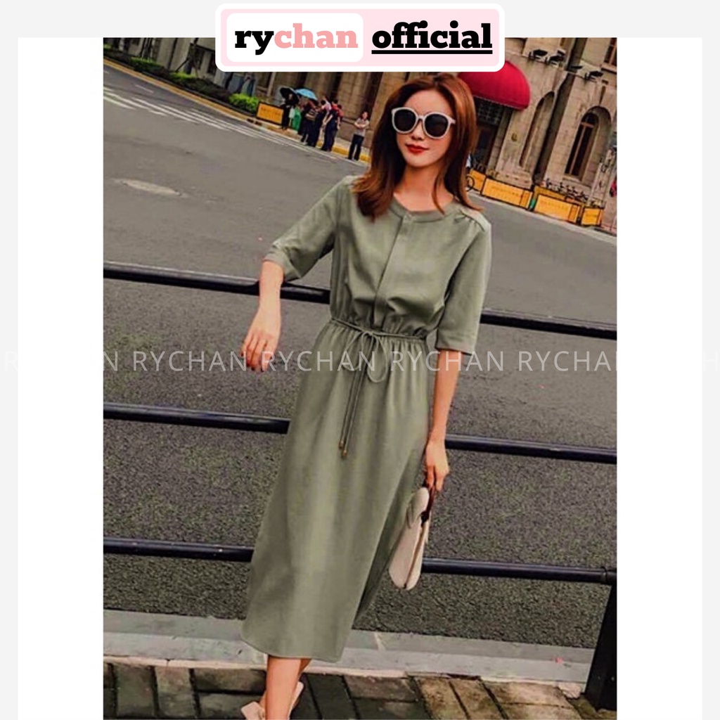 Đầm Nữ Công Sở Dáng DàiCổ Trụ Thắt Eo Có Túi Thanh Lịch, Đầm Đi Shopping Màu Xanh Rêu Cực Tôn Da[ẢNH THẬT CUỐI] - DX9860