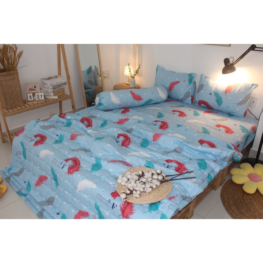 Bộ drap 4 món Cotton - Mẫu Lông Vũ Nền Màu Xanh