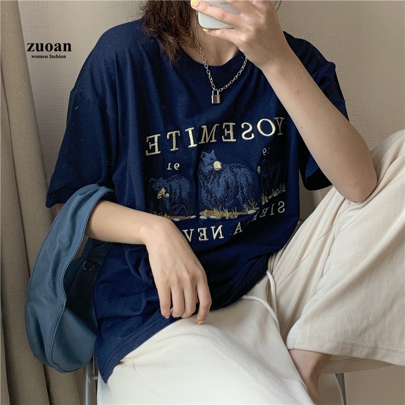 SUXI Áo thun nữ cổ tròn tay ngắn phong cách Hàn Quốc