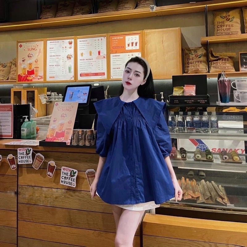Áo Sơ Mi Form Rộng Xanh Coban - Áo Kiểu Form Babydoll Xinh Xắn Ulzzang Style