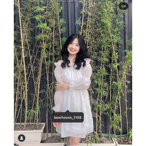 Váy Babydoll Trễ Vai Nữ MEESTORE - Đầm Mini Voan Trắng Dài Tay Phong Cách Vintage Siêu Xinh