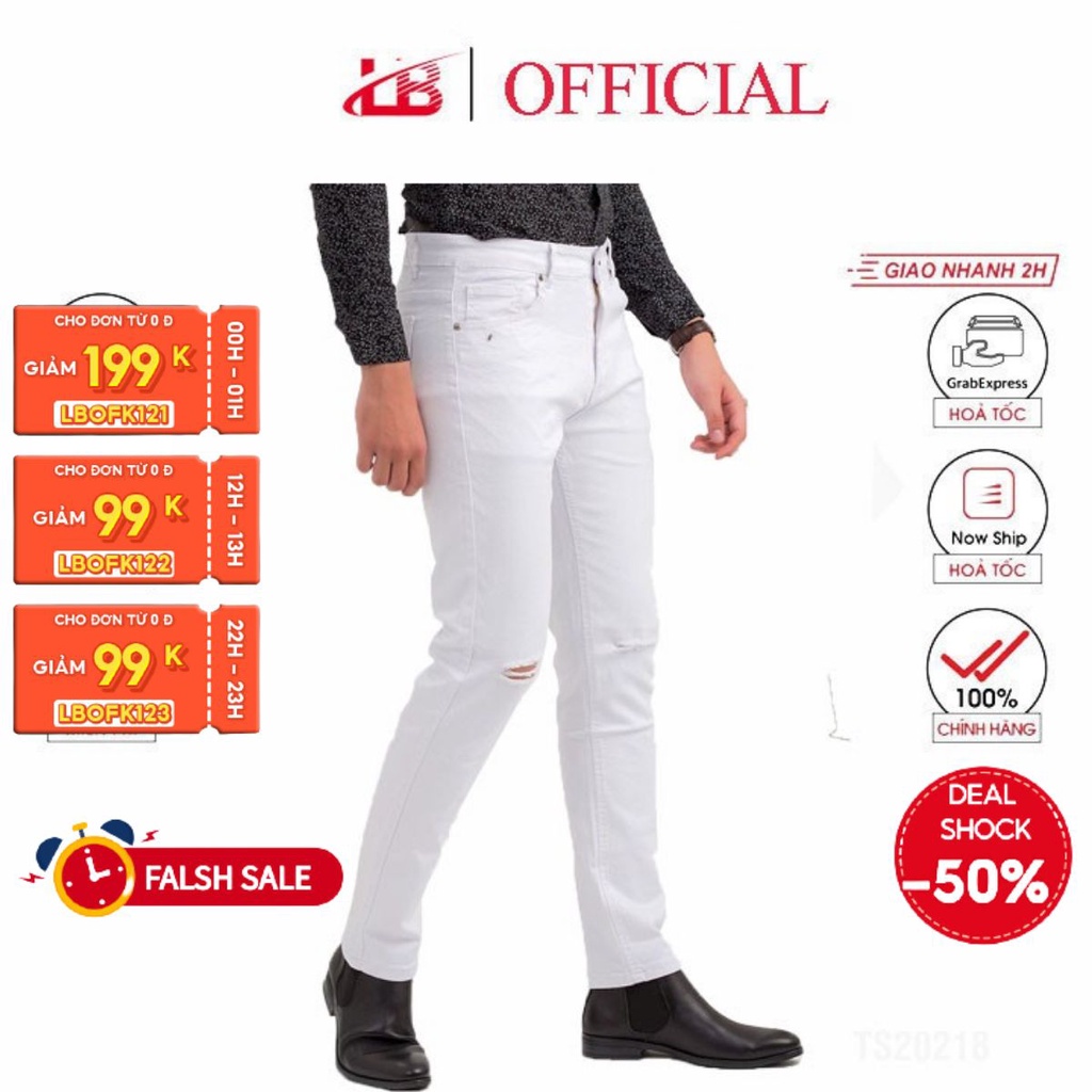 [Mã LT50 giảm 50k đơn 250k] Quần jean dài nam LB màu trắng rách gối sành điệu, co giãn | BigBuy360 - bigbuy360.vn