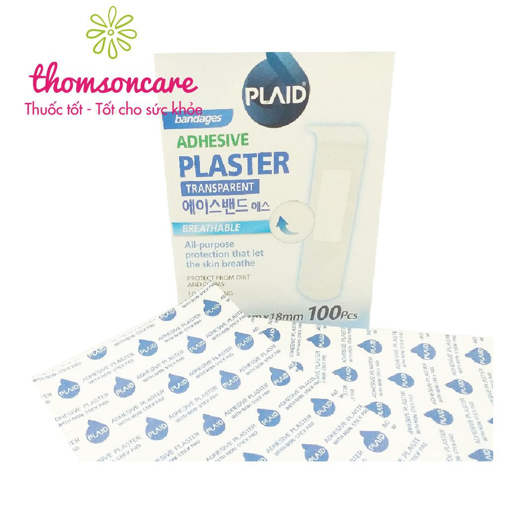 Băng cá nhân trong suốt Plaid Adhesive, băng dính vết thương thẩm mỹ, che mụn  hộp 100 miếng chống nước