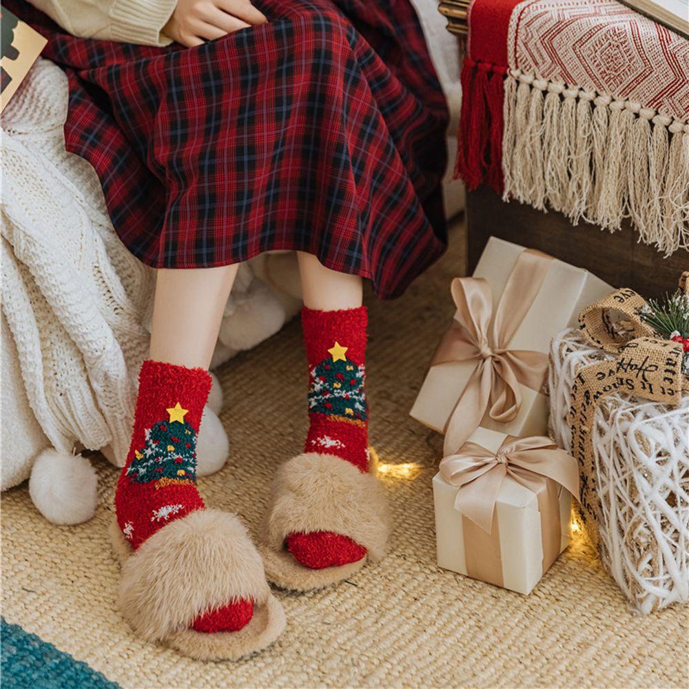 Vớ Nhung San Hô Họa Tiết Ông Già Noel Hoạt Hình Dễ Thương Thoải Mái Cho Nữ