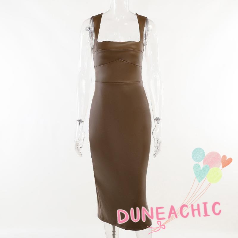 DUNEA Đầm da pu không tay xẻ tà phong cách đường phố cá tính cho nữ