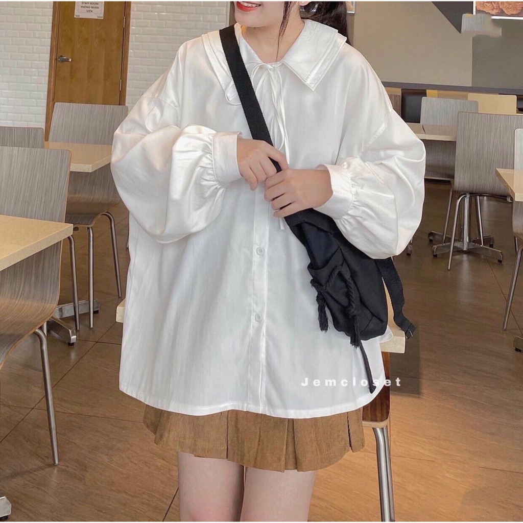 ÁO SƠ MI CỔ SEN 2 LỚP TAY BỒNG THẮT NƠ MÀU TRẮNG - ÁO KIỂU SOMI DÀI TAY FORM RỘNG