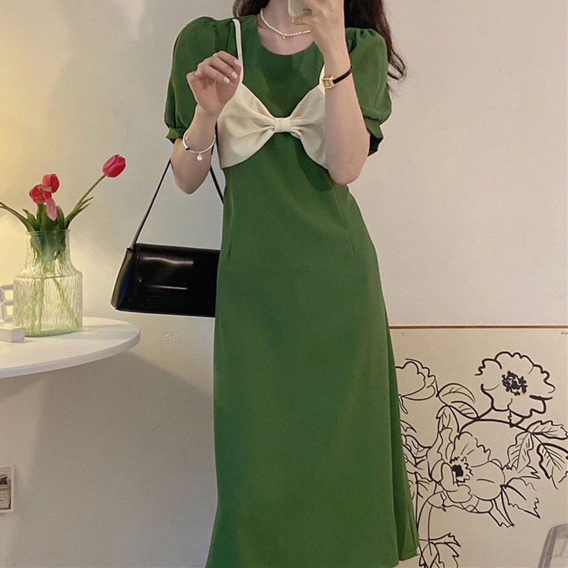 Đầm YEYA tay ngắn cổ tròn trang trí nơ xinh xắn thời trang dành cho nữ