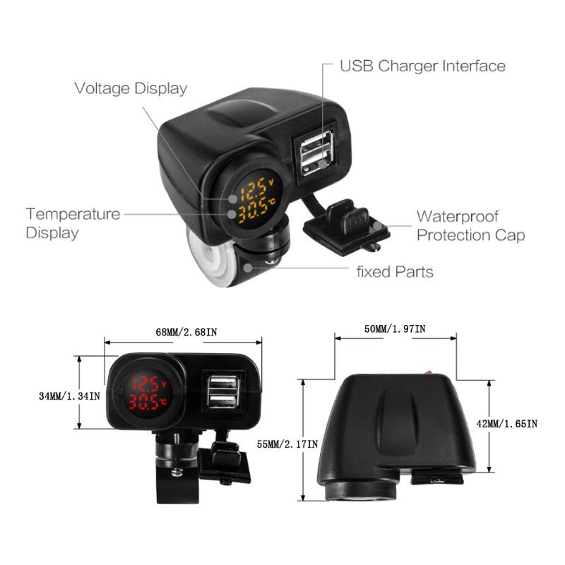 ROX Motorcycle Dual USB Charger Voltmeter Thermometer for Cell Phones/Tablets/GPS
