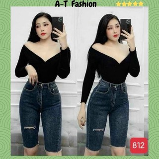 Quần short jean nữ ngố ❤️FREESHIP❤️ Quần Ngố Jean Nữ chất bò co giãn lưng cao phối rách thời trang A-T Fashion - SNM812