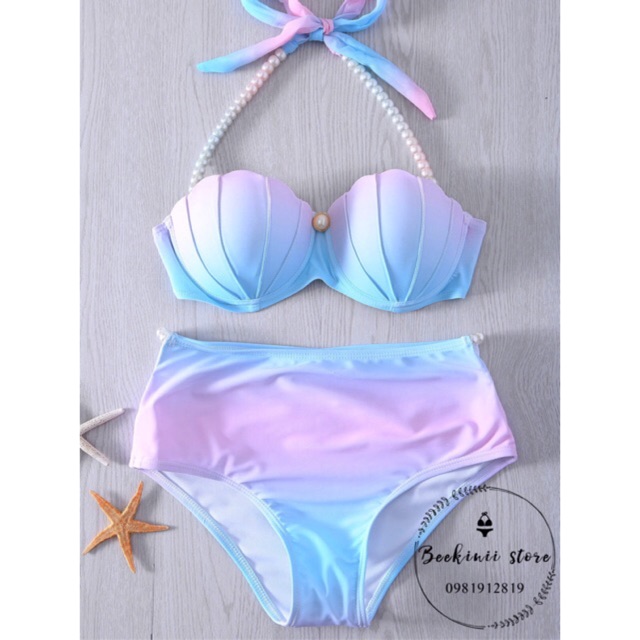 Bikini Cạp Cao Áo Vỏ Sò - Đồ Bơi 2 Mảnh Cạp Cao Nàng Tiên Cá - Bikini Màu Ombre