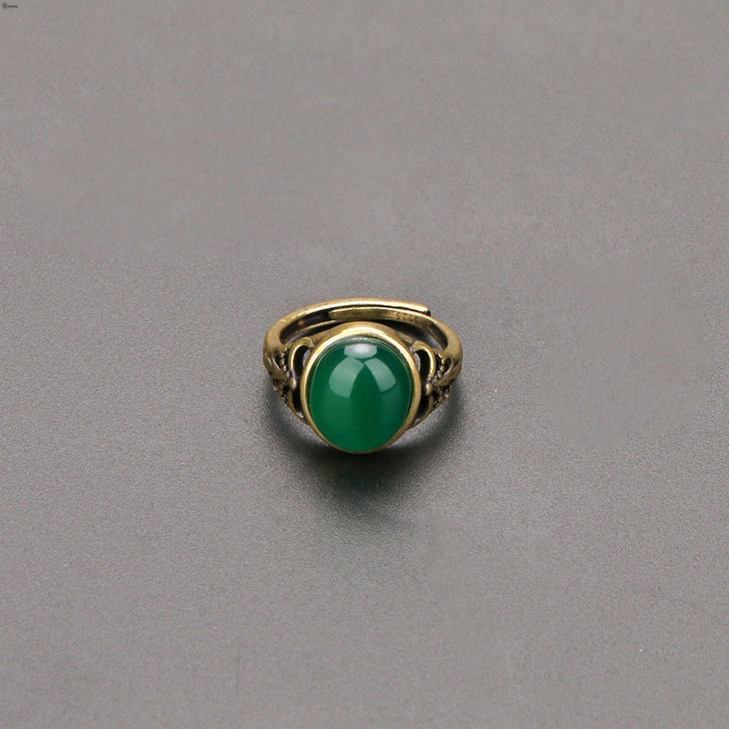 Yueying Nhẫn Hở Đính Đá Mã Não Màu Xanh Lá Có Thể Điều Chỉnh Được Cho Nữ