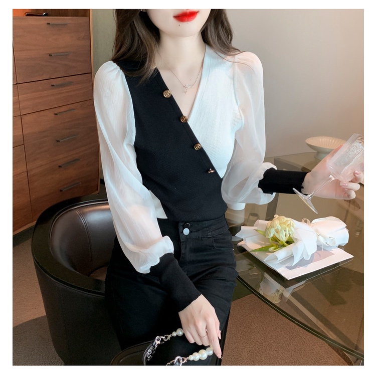 Áo kiểu ZHELIHANGFEI chiffon tay dài phồng cổ chữ V thời trang dành cho nữ