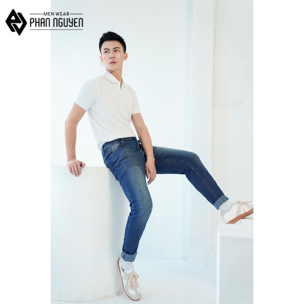 Quần jeans nam xanh cao cấp Phan Nguyễn, dáng dài, thiết kế hiện đại nam tính, chất liệu thoáng mát, co giãn tốt QBD.026