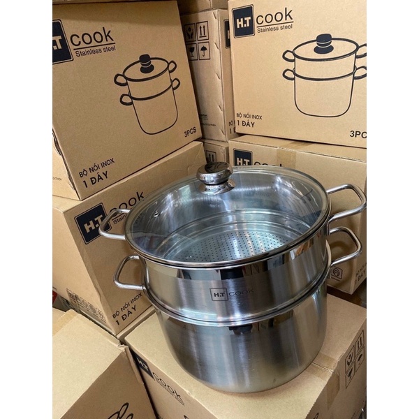 Bộ nồi xửng hấp Inox 1 đáy nắp kính H.T Cook HTNX28001 28cm sử dụng bếp từ