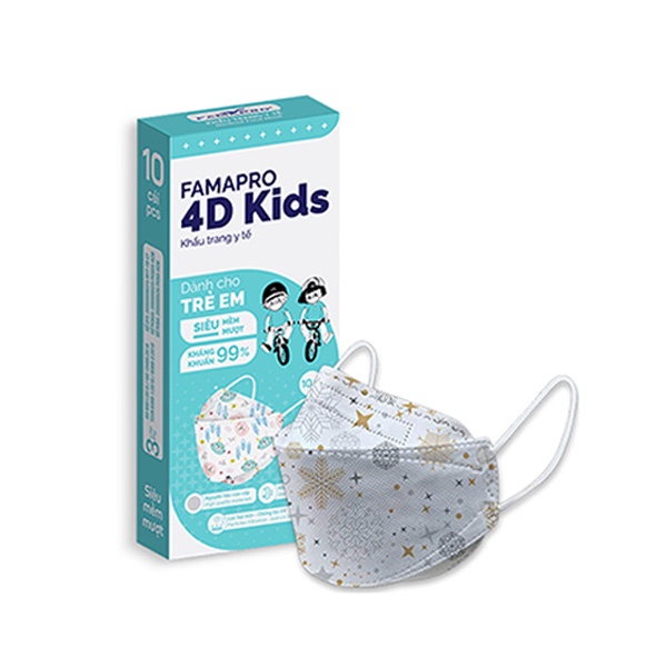 [4D Mask Kids COMBO 10] Khẩu trang y tế cao cấp trẻ em kháng khuẩn 3 lớp Famapro cho bé 3-6 tuổi 10 cái/hộp)