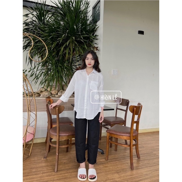 Set baggy jeans trơn xanh + sơ mi tay dài 1 túi