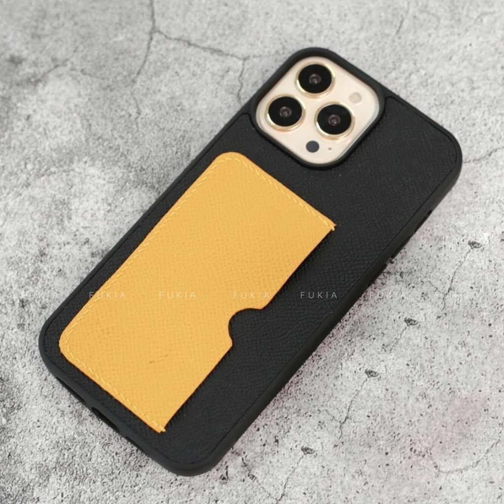 Ốp da thủ công viền đen khe thẻ ngang mix màu Epsom cho IPhone 14/14Plus/14Pro/14Promax/13/13Pro/13Promax/12prm ODTC141