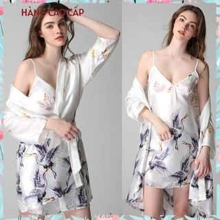 Set Váy ngủ hai dây kèm áo choàng ngủ kiểu kimono in hình hạt sang trọng Thư Thư [HÀNG CAO CẤP]