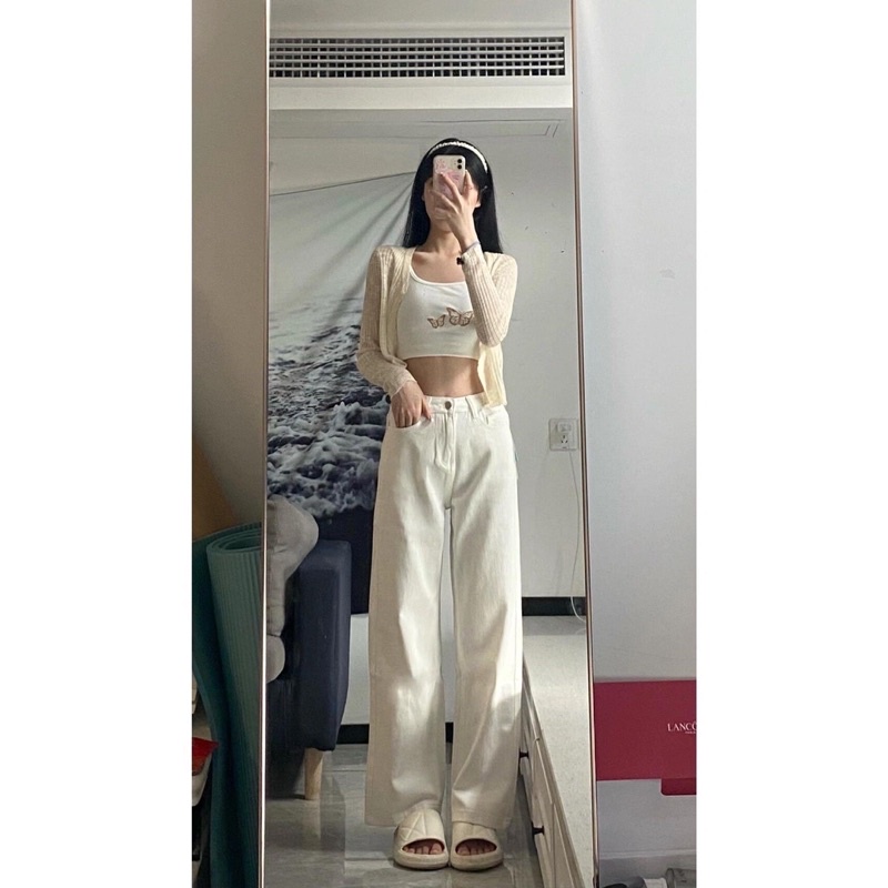 Quần jean suông ống tocjean rộng cạp cao nữ màu trắng