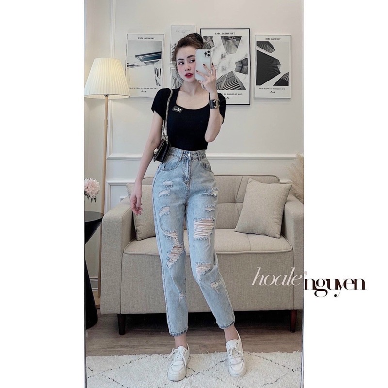 Quần Baggy Jean Nữ Rách Tua Rua Lưng Cao Siêu Chất Lê Huy Fashion Ms 67