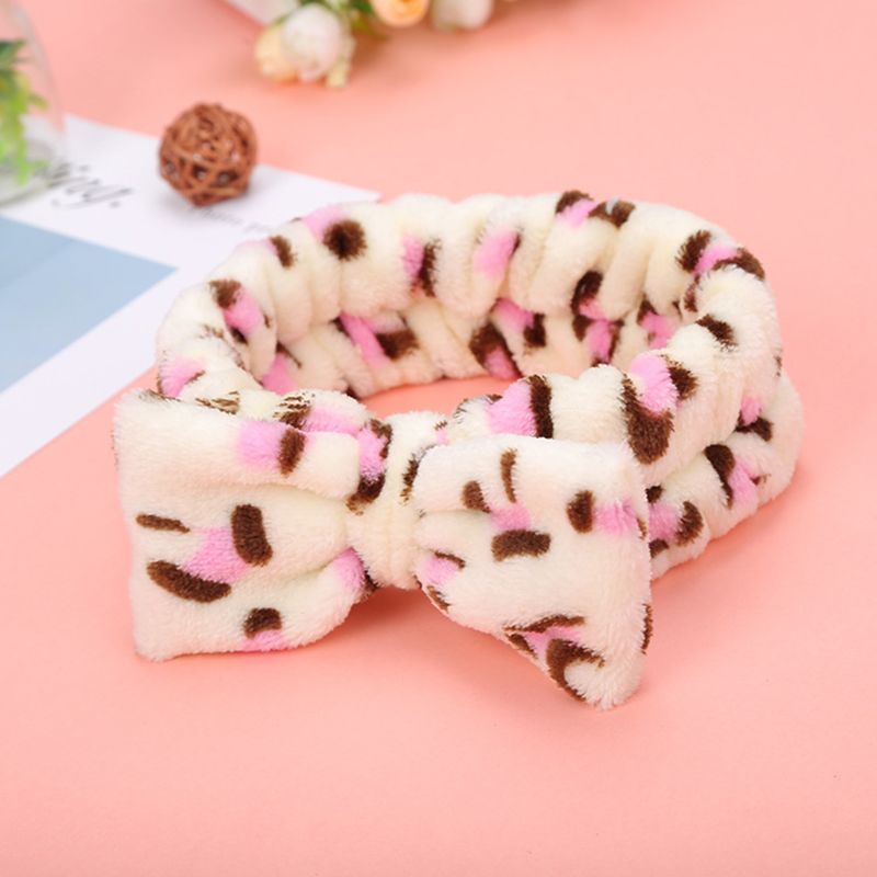 Băng đô vải bông dày bản rộng co giãn in họa tiết da báo phối nơ màu tương phản dễ thương cho nữ