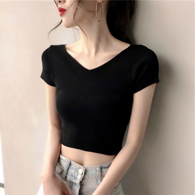 [Mã FAMAYWA giảm 10K đơn 50K] [Quà dây cột tóc] Áo Croptop Dáng Ôm Cổ Chữ V Vải Cotton Gân Siêu Co Dãn | BigBuy360 - bigbuy360.vn