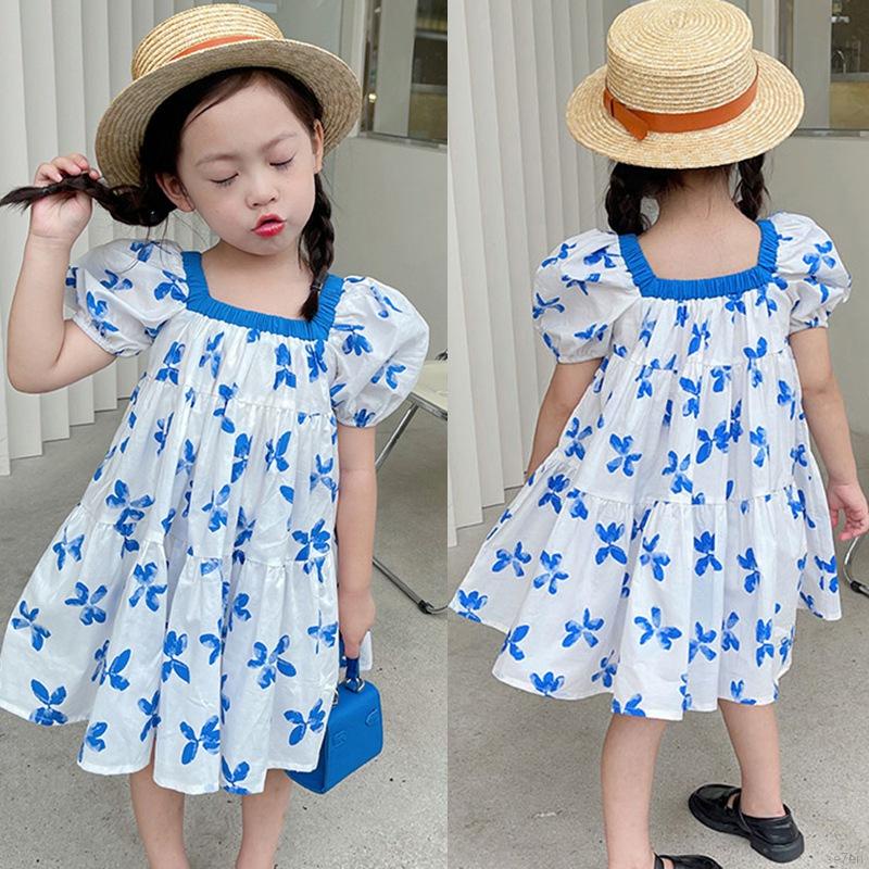 Đầm Công Chúa Tay Phồng Cổ Vuông Vải Cotton In Họa Tiết Hoa Dành Cho Bé Gái 3-8 Tuổi