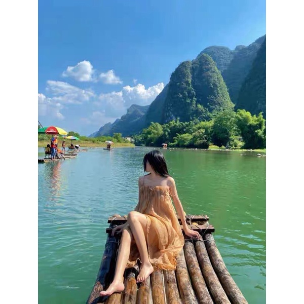 [Có ảnh thật] Đần suông 2 dây kim tuyến nhún, váy nữ hai dây maxi vải tơ hàng Quảng Châu