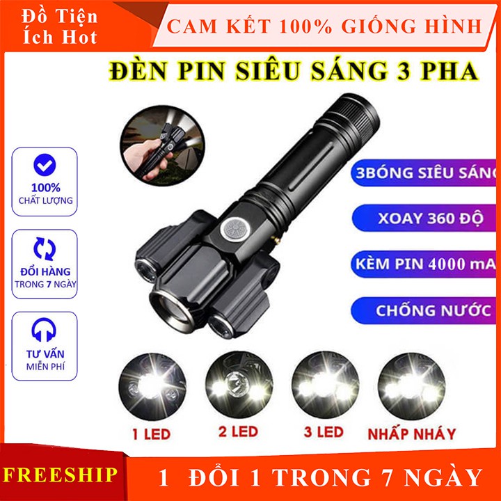 Đèn pin cầm tay siêu sáng 3 bóng led chắc chắn xoay 360 Độ + Pin sạc 18650 cao cấp 6800mAh