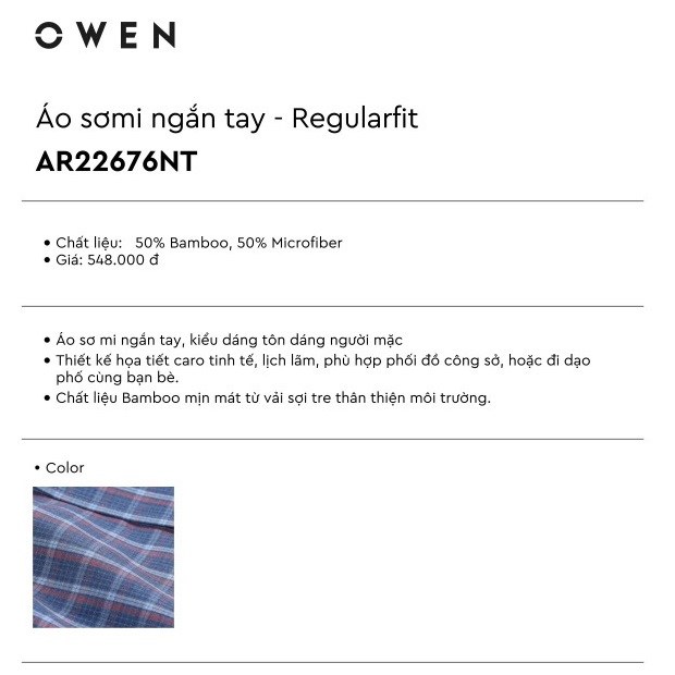 Áo Sơ Mi Nam Tay Ngắn Owen AR22676NT Dáng Regular Fit Màu Kẻ Caro Xanh Xám