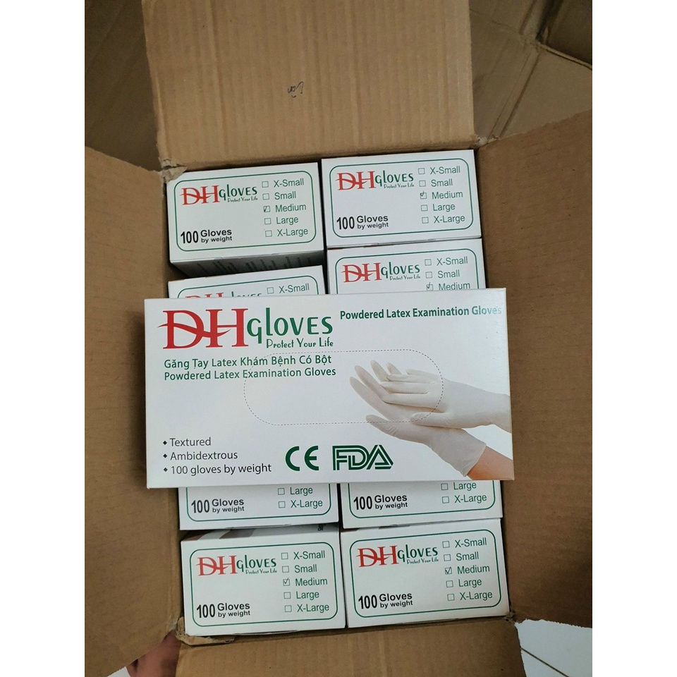 Hộp 50 đôi (100 chiếc) Găng tay cao su y tế ĐH Glove Latex , có bột chính hãng Có Bột Màu Kem 5.0gr - Size S,M,L
