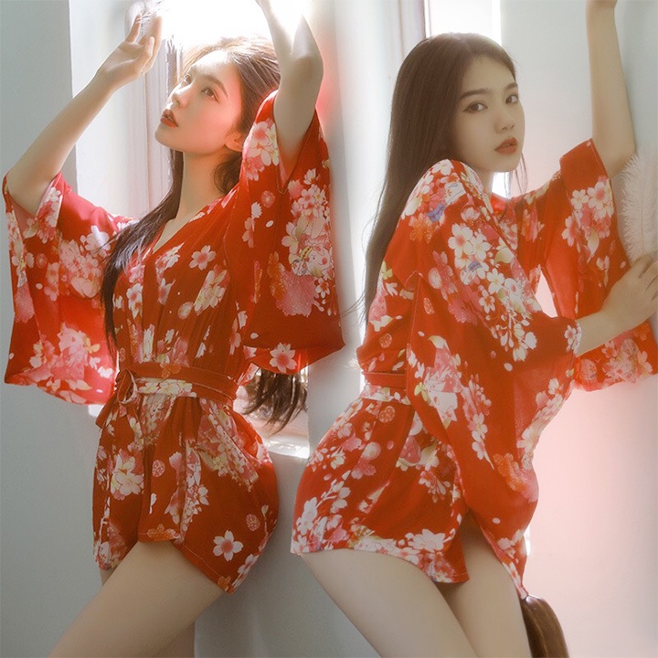 Váy ngủ kimono quyến rũ áo choàng ngủ với họa tiết và hoa cuốn hút