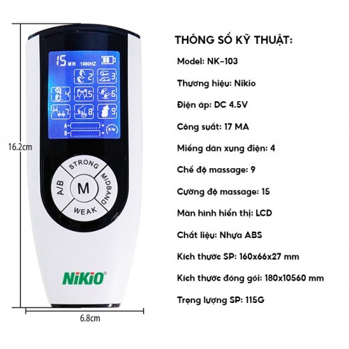 Máy Massage Xung Điện 2 Điện Cực 4 Miếng Dán Nikio NK-103 - Pin sạc