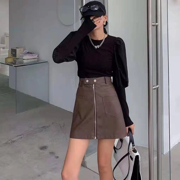 Chân váy da khóa giữa _ Hàng quảng Châu