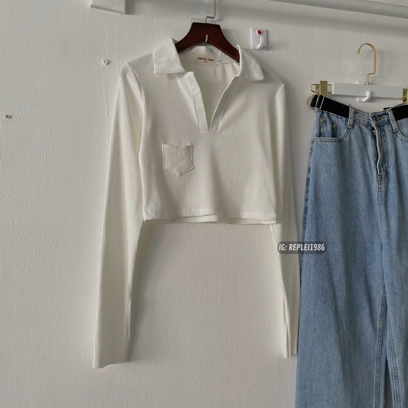 Áo croptop thun gân, tay xẻ, túi 1 bên