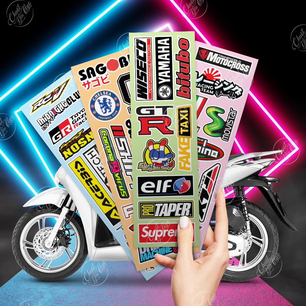 Combo bộ 10 hoặc 40 tem xe không trùng sticker decal logo trang trí xe máy nón bảo hiểm laptop chống nước