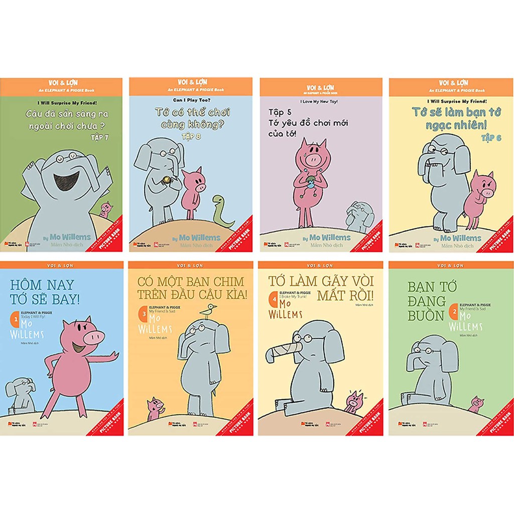 Sách - Combo song ngữ Voi và lợn 8 tập đầu tặng kèm postcard - Mo Willems