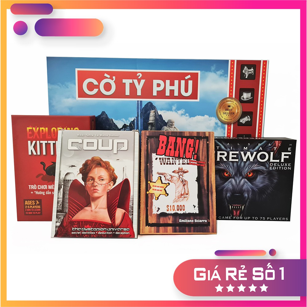 [COMBO 5 IN 1] Bộ Cờ tỷ phú Monopoly Tiếng Việt + Ma sói Ultimate + Bài Mèo nổ + Bài Bang + Bài Coup