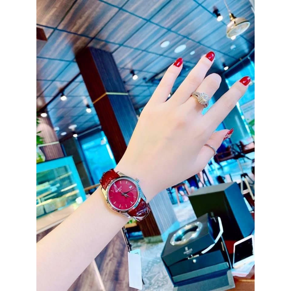 Đồng hồ  nữ đỏ mận khóa thông minh mặt tròn dây da- Bảo hành 12 tháng -Tặng kèm pin | BigBuy360 - bigbuy360.vn