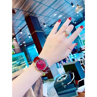 Đồng hồ  nữ đỏ mận khóa thông minh mặt tròn dây da- Bảo hành 12 tháng -Tặng kèm pin