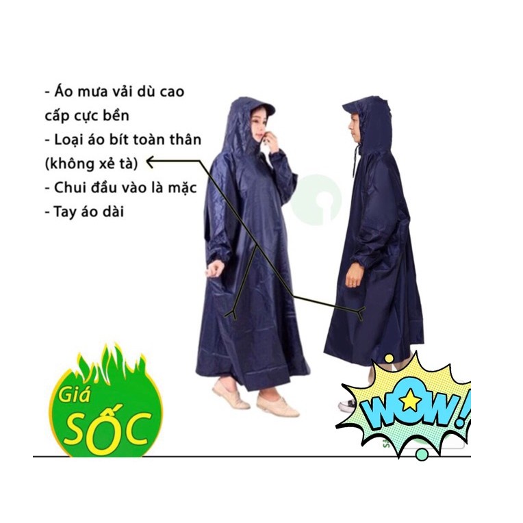 Áo Mưa Vải Dù Kín Người Siêu Bền 1 Người Áo Mưa Không Xẻ Hàng Cao Cấp dài 1m4
