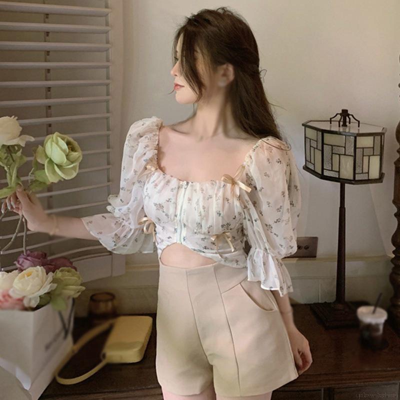 Áo Croptop chiffon Cổ Vuông Tay Ngắn Thiết Kế Sành Điệu Cho Nữ