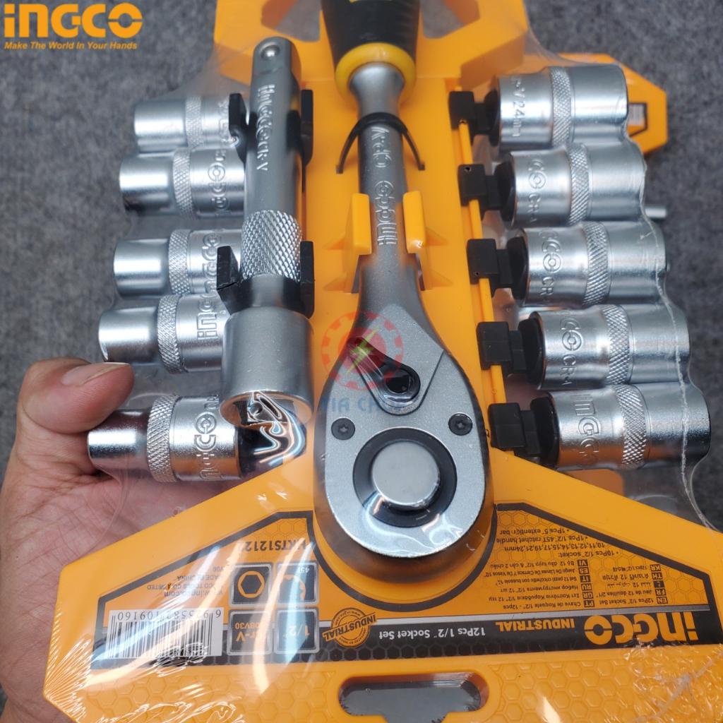 Bộ cờ lê 2 chiều tự động kèm 10 đầu tuýp 1/2&quot; INGCO HKTS12122 bộ cần siết lực 2 chiều thép Cr-V chống rỉ sét, bền cứng.
